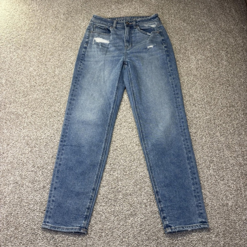 American Eagle Mom Straight Jeans Womens 00 Blue High Rise Distressed Stretch